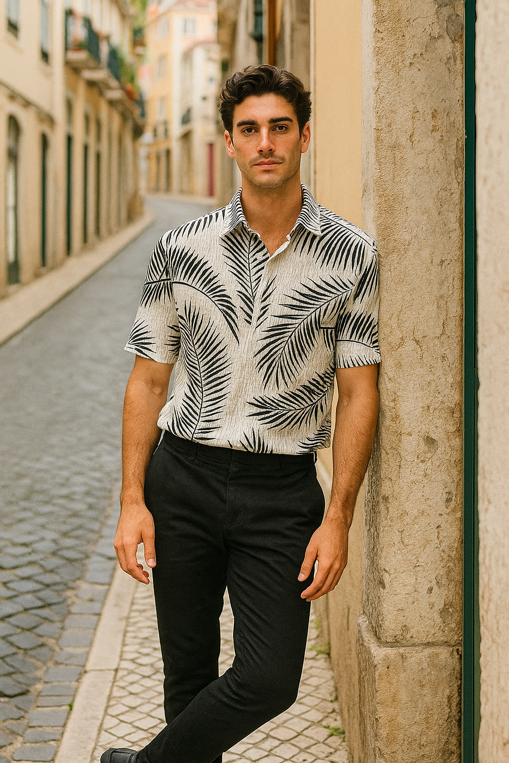 Men's Half-Sleeve Printed Textured Shirt – White & Black Palm Leaf
