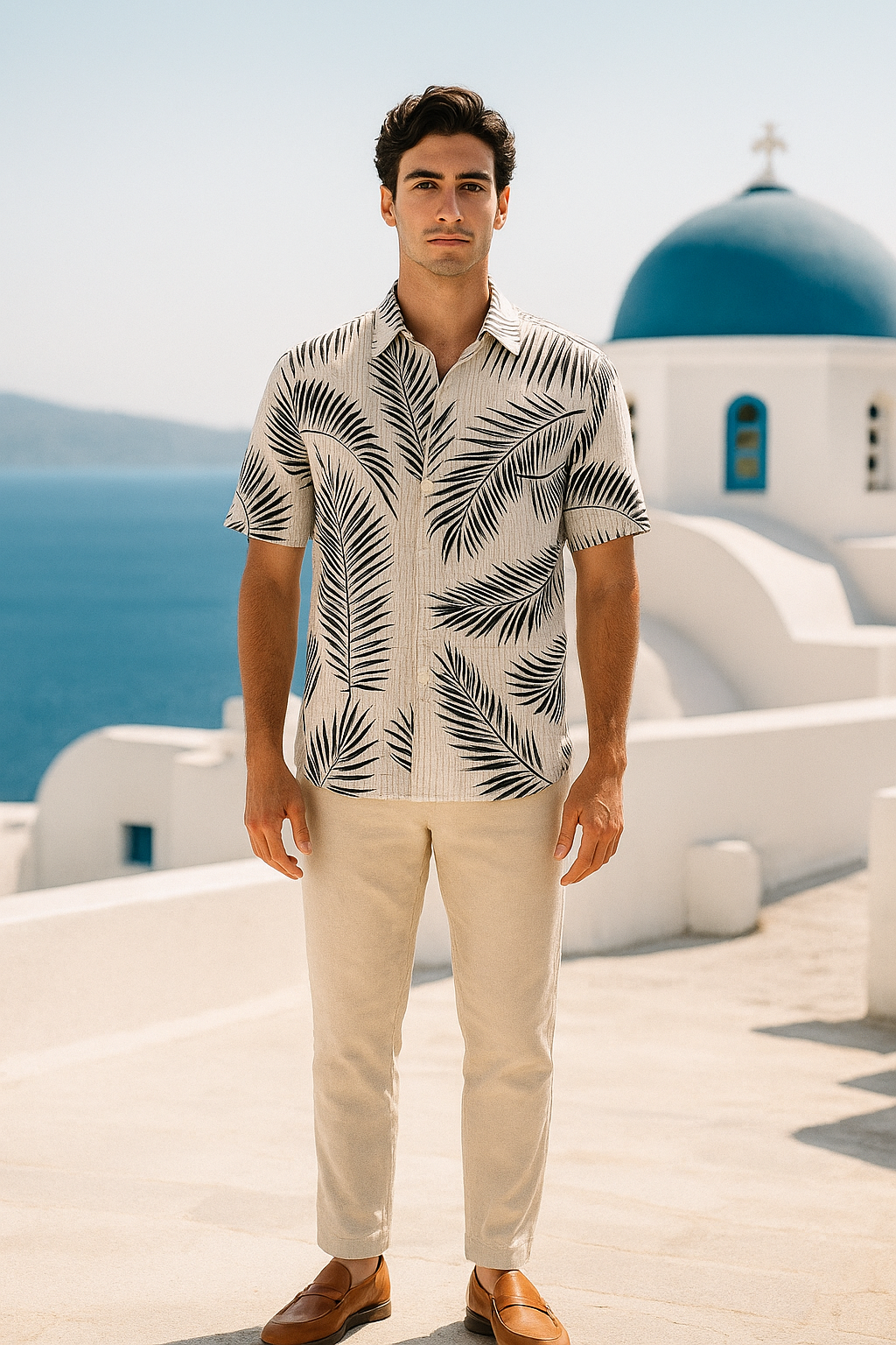 Men's Half-Sleeve Printed Textured Shirt – White & Black Palm Leaf