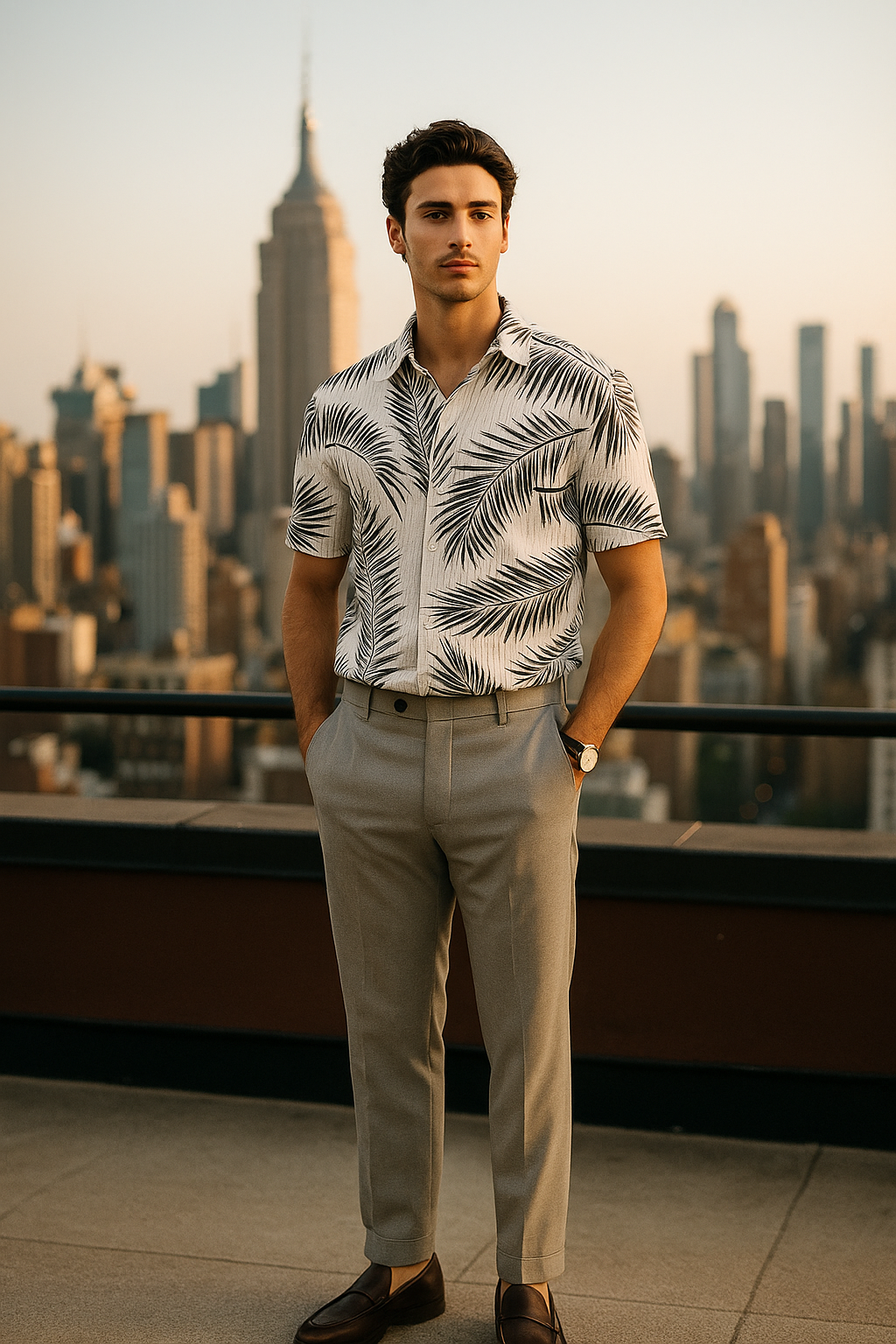 Men's Half-Sleeve Printed Textured Shirt – White & Black Palm Leaf