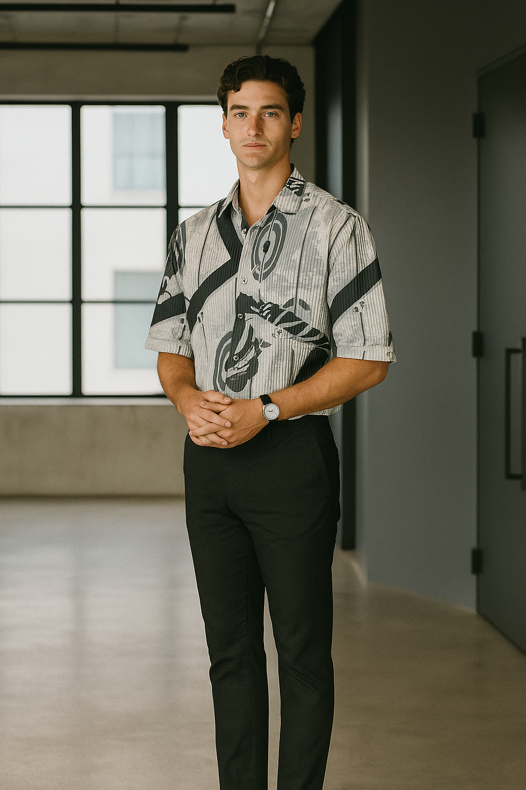Men's Half-Sleeve Textured Printed Shirt – Grey Abstract