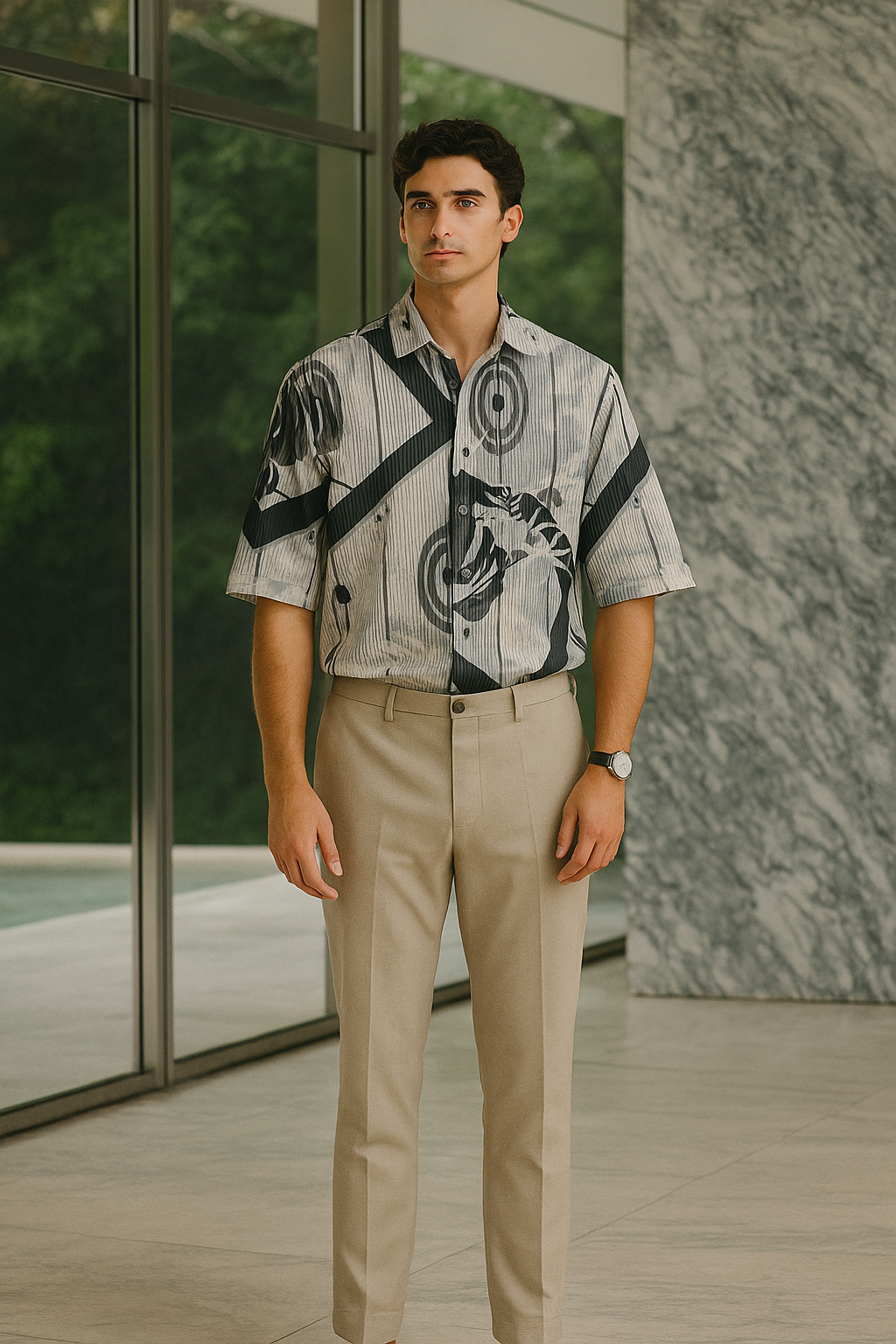 Men's Half-Sleeve Textured Printed Shirt – Grey Abstract