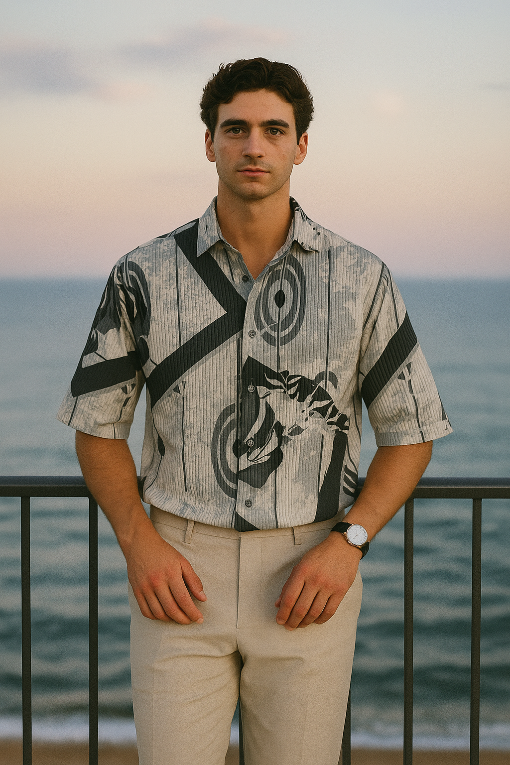 Men's Half-Sleeve Textured Printed Shirt – Grey Abstract