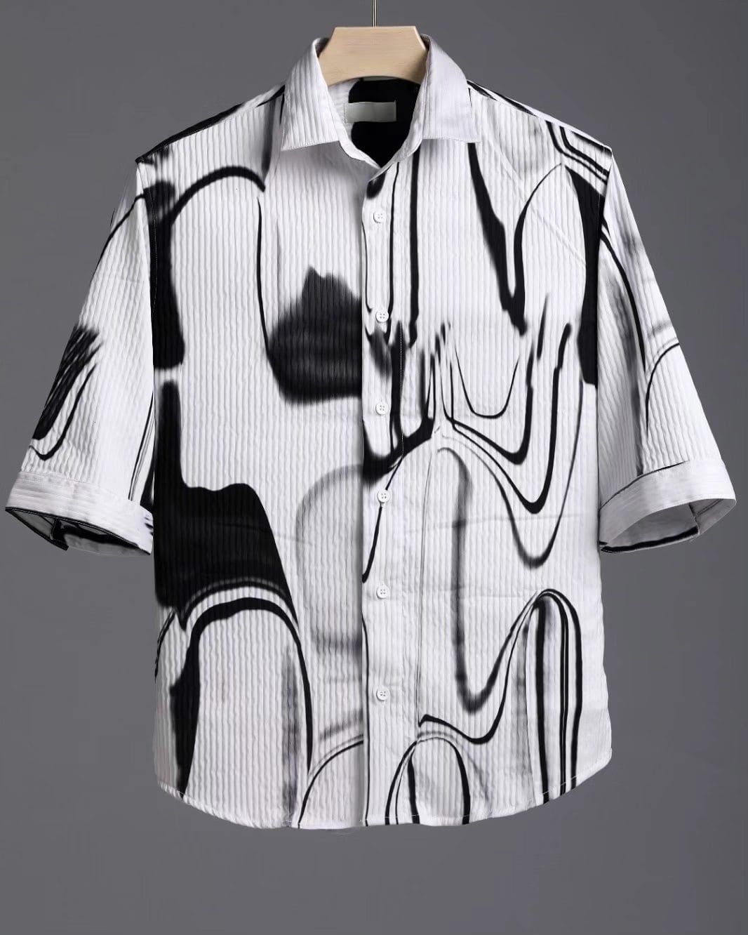 Men's Half-Sleeve Textured Shirt – Abstract Black Print on White