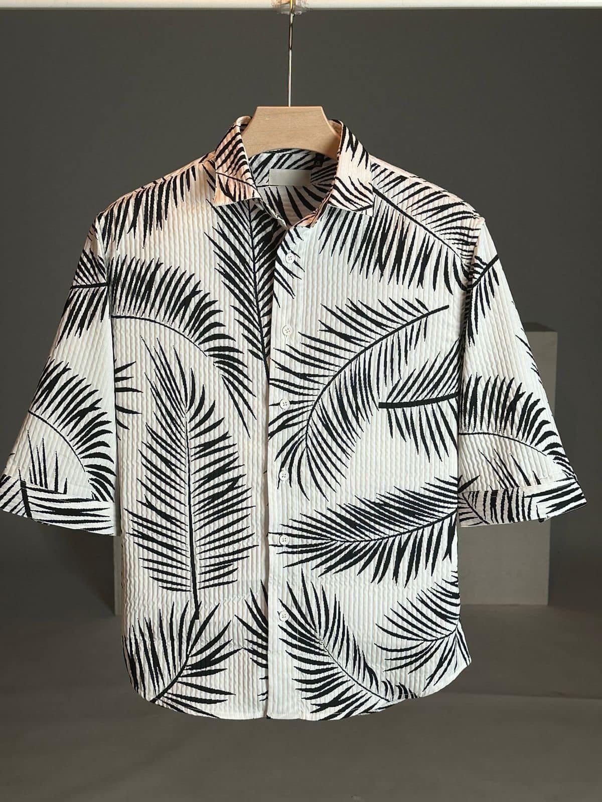 Men's Half-Sleeve Printed Textured Shirt – White & Black Palm Leaf