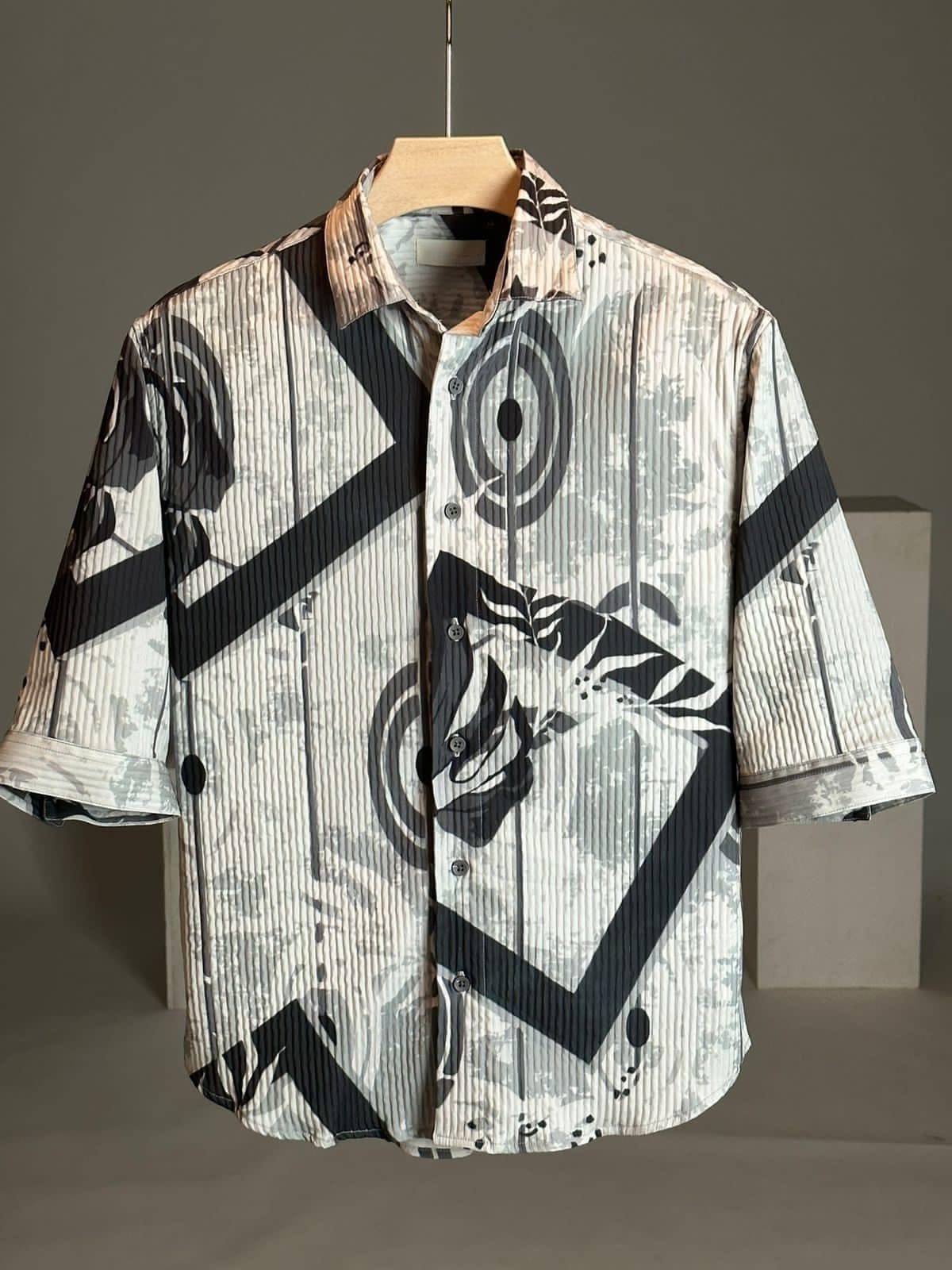 Men's Half-Sleeve Textured Printed Shirt – Grey Abstract